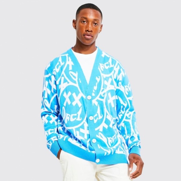 Boohoo Man Sweater Ofcl Face Oversized Cardigan XS NWT colorful